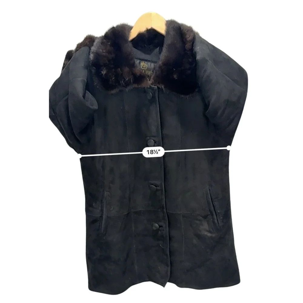 Malubel Sydney Vintage Black‎ Suede Coat Womens Medium Brown Fur Trim Shearling